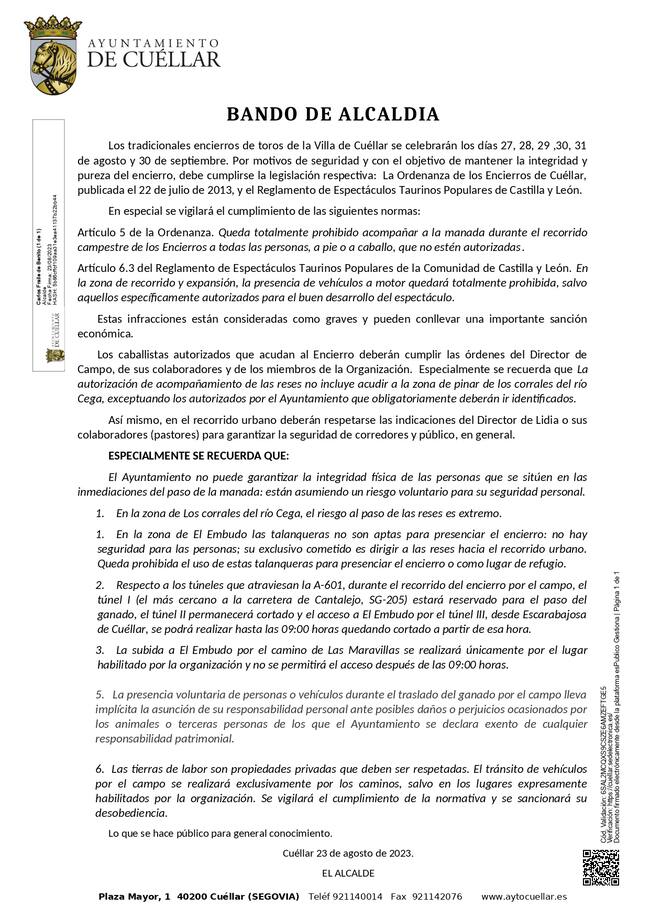 Bando de Alcaldía sobre los Encierros de Cuéllar 2023