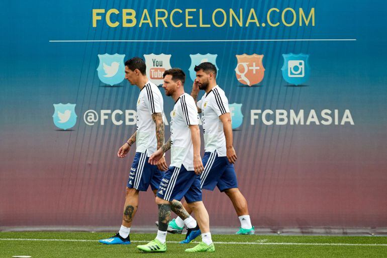 Ángel Di María, Leo Messi y Sergio Aguero, durante el entrenamiento del combinado albiceleste.