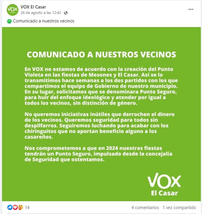 Publicación del grupo municipal Vox en Facebook