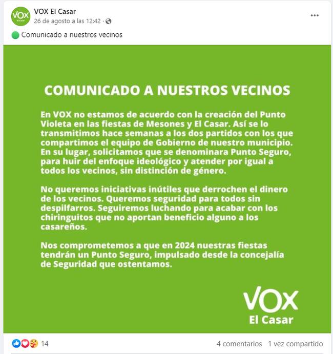 Publicación del grupo municipal Vox en Facebook