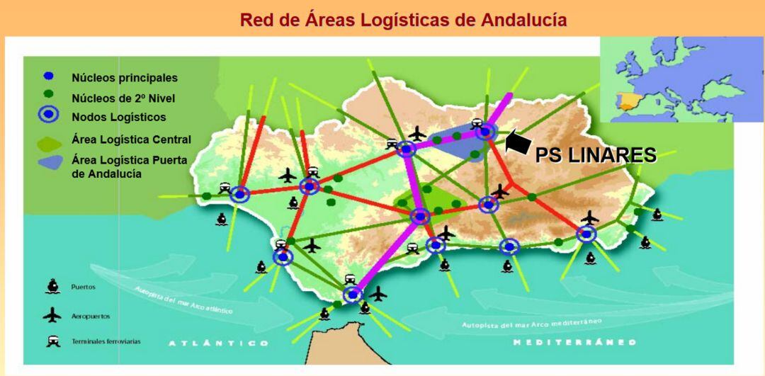 Plano de la red de áreas logísticas de Andalucía.