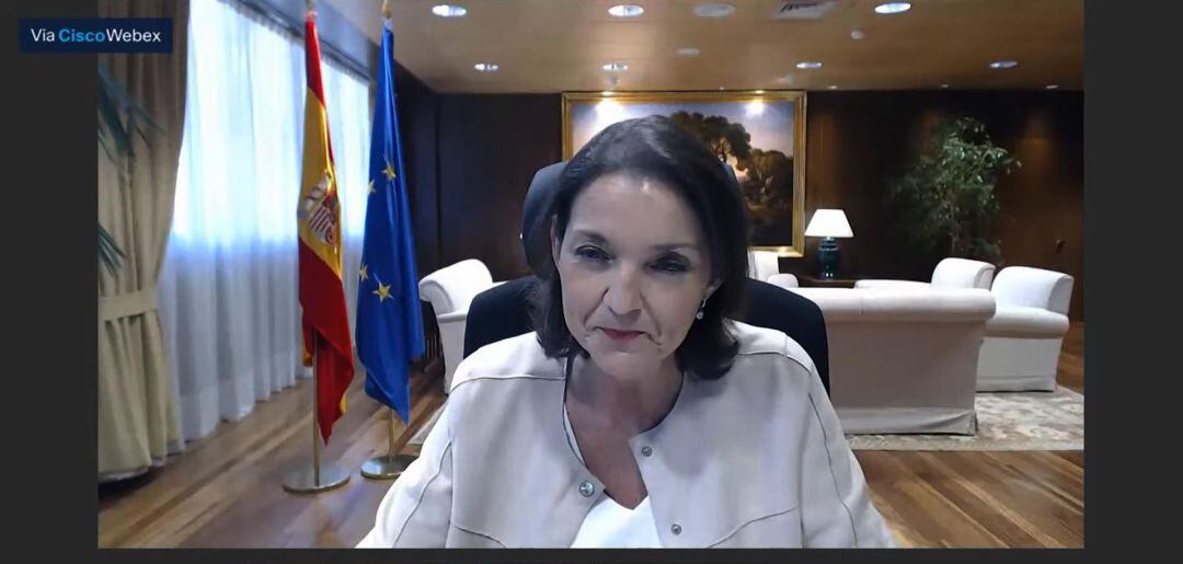 La ministra de Industria, Comercio y Turismo, Reyes Maroto, interviene por videoconferencia en la décima edición del ciclo de ponencias 'Salvemos el Turismo', en Madrid (España)