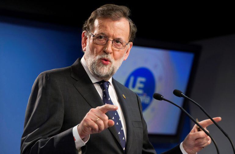 El presidente del Gobierno, Mariano Rajoy, durante la rueda de prensa ofrecida en Bruselas el día 23 de marzo