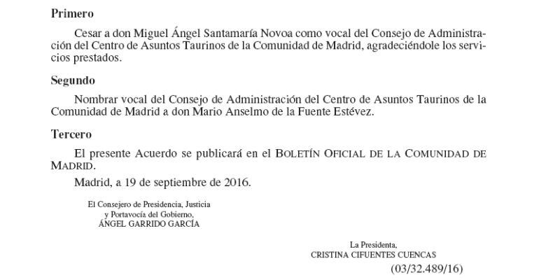 Publicación del BOCAM donde se recoge el cese de Miguel Ángel Santamaría