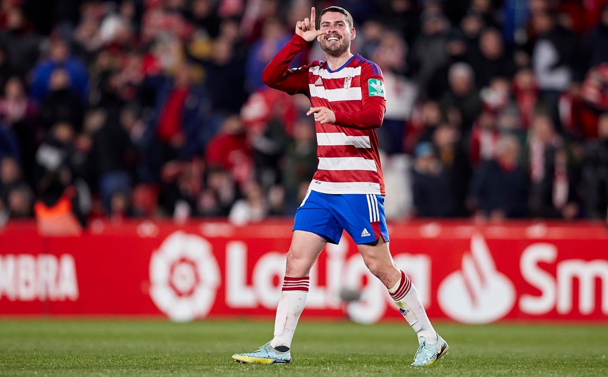 GRANADA, SPAIN - FEBRUARY 27: Sergio Ruiz of Granada CF celebrates after scoring his team&#039;s first goal during the LaLiga Smartbank match between Granada CF and Malaga CF at Estadio Nuevo Los Carmenes on February 27, 2023 in Granada, Spain. (Photo by Fermin Rodriguez/Quality Sport Images/Getty Images)