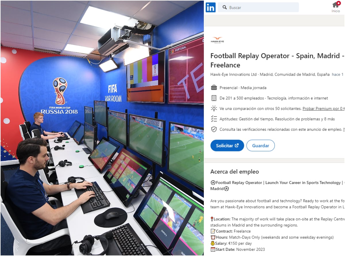 A la izquierda, sala VOR durante el Mundial de Rusia; a la derecha, la oferta en &#039;Linkedin&#039; de operador de vídeo VAR.