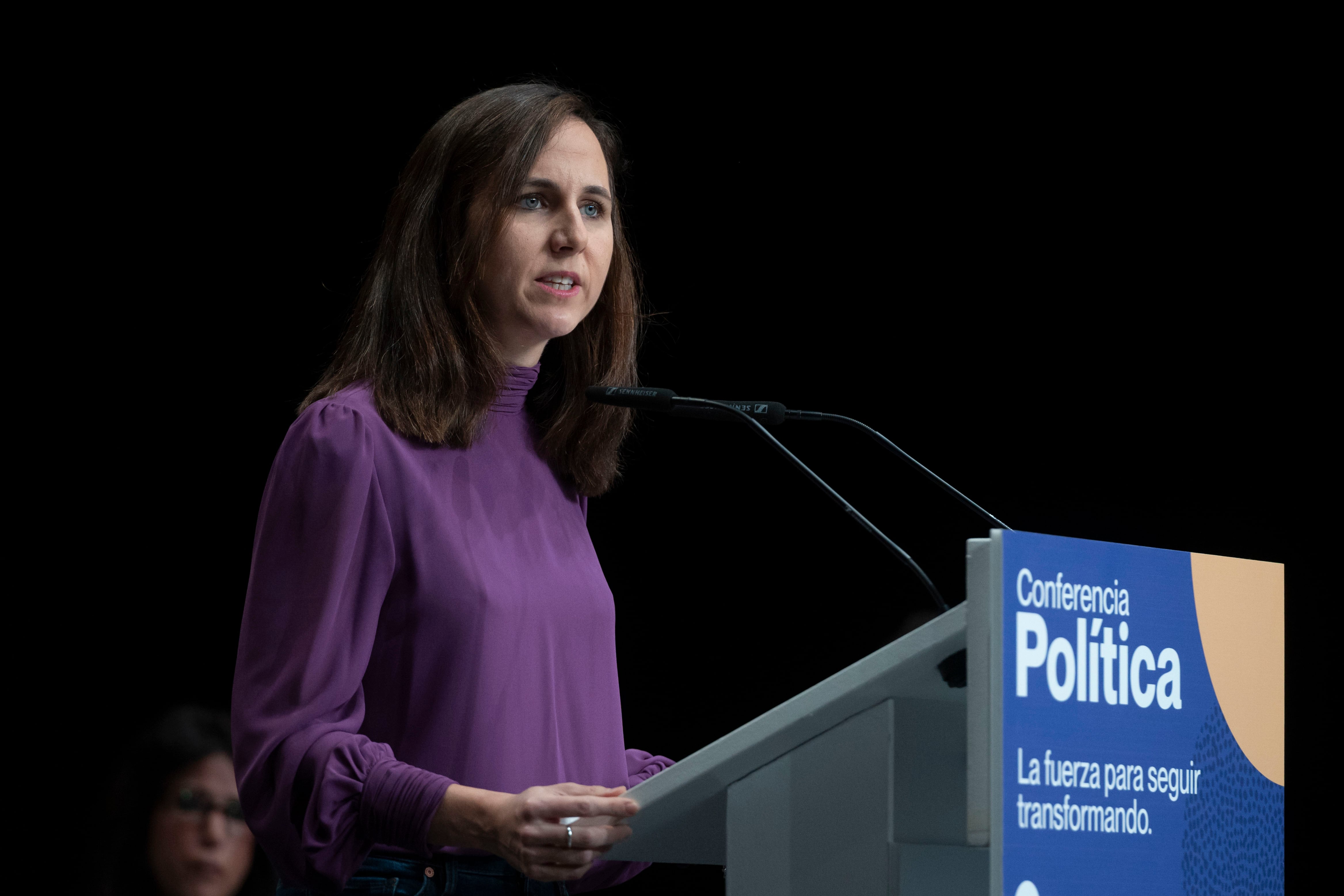 La líder del partido y ministra en funciones de Derechos Sociales y Agenda 2030, Ione Belarra, durante su intervención este sábado en la Conferencia Política de Podemos celebrada este sábado en Madrid