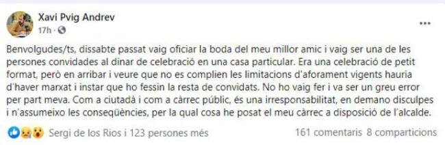 Escrit del regidor a les xarxes socials.