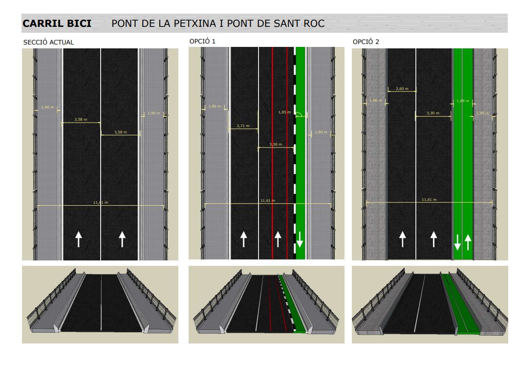 Las dos opciones que ha presentado el PSOE para el carril bici en los puentes de San Roque y la Petxina.