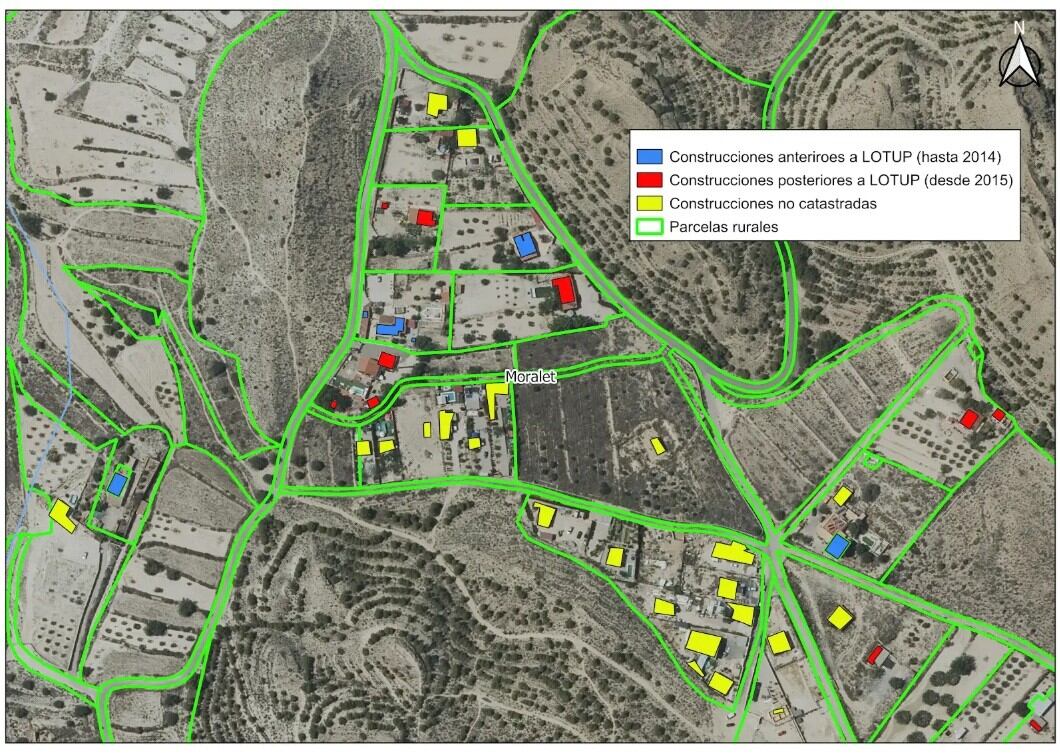 Mapa con construcciones en zona inundable en la partida rural de El Moralet en Alicante que se incluye en el estudio de la UA