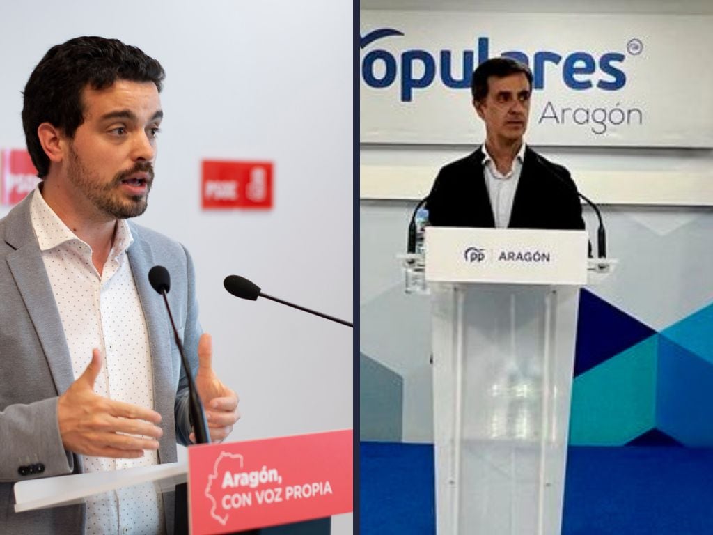 A la izquierda, Darío Villagrasa, secretario de Organización del PSOE Aragón. A la derecha, Pedro Navarro, secretario de Organización del PP Aragón (30 de mayo 2023)