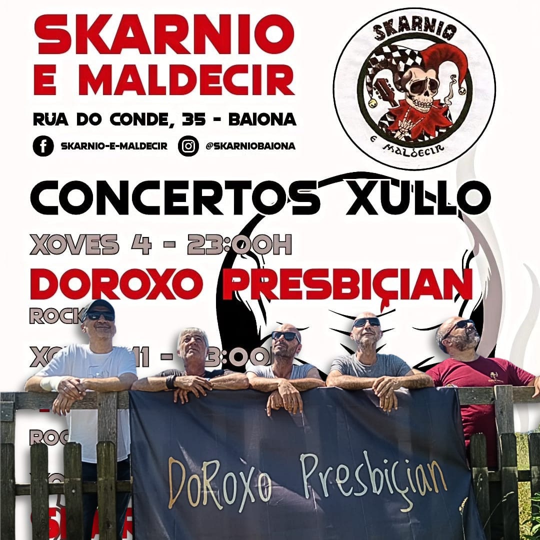 Los componentes del grupo Do Roxo Presbiçian ante el cartel del Skarnio.