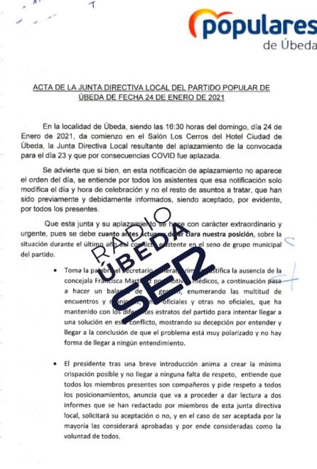 Acta de la Junta Directiva del PP de Úbeda celebrada este domingo