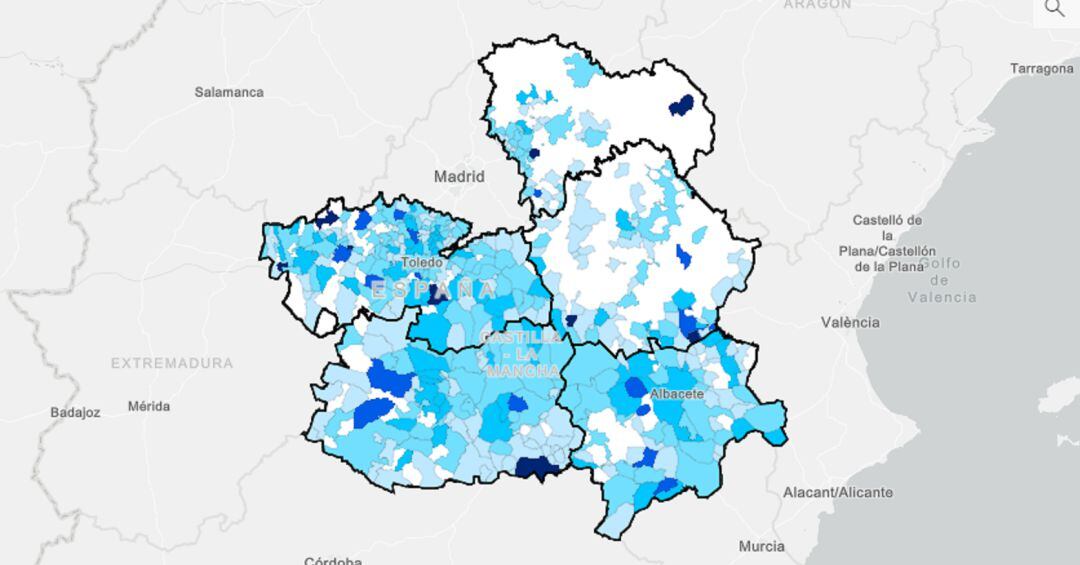 Mapa de incidencia del Covid en municipios mayores de 500 habitantes en la semana 50