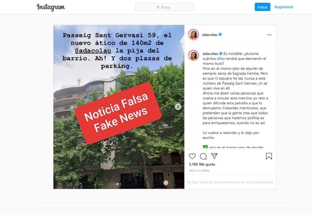 La respuesta de Ada Colau en su cuenta de Instagram al bulo sobre que se ha comprado un piso