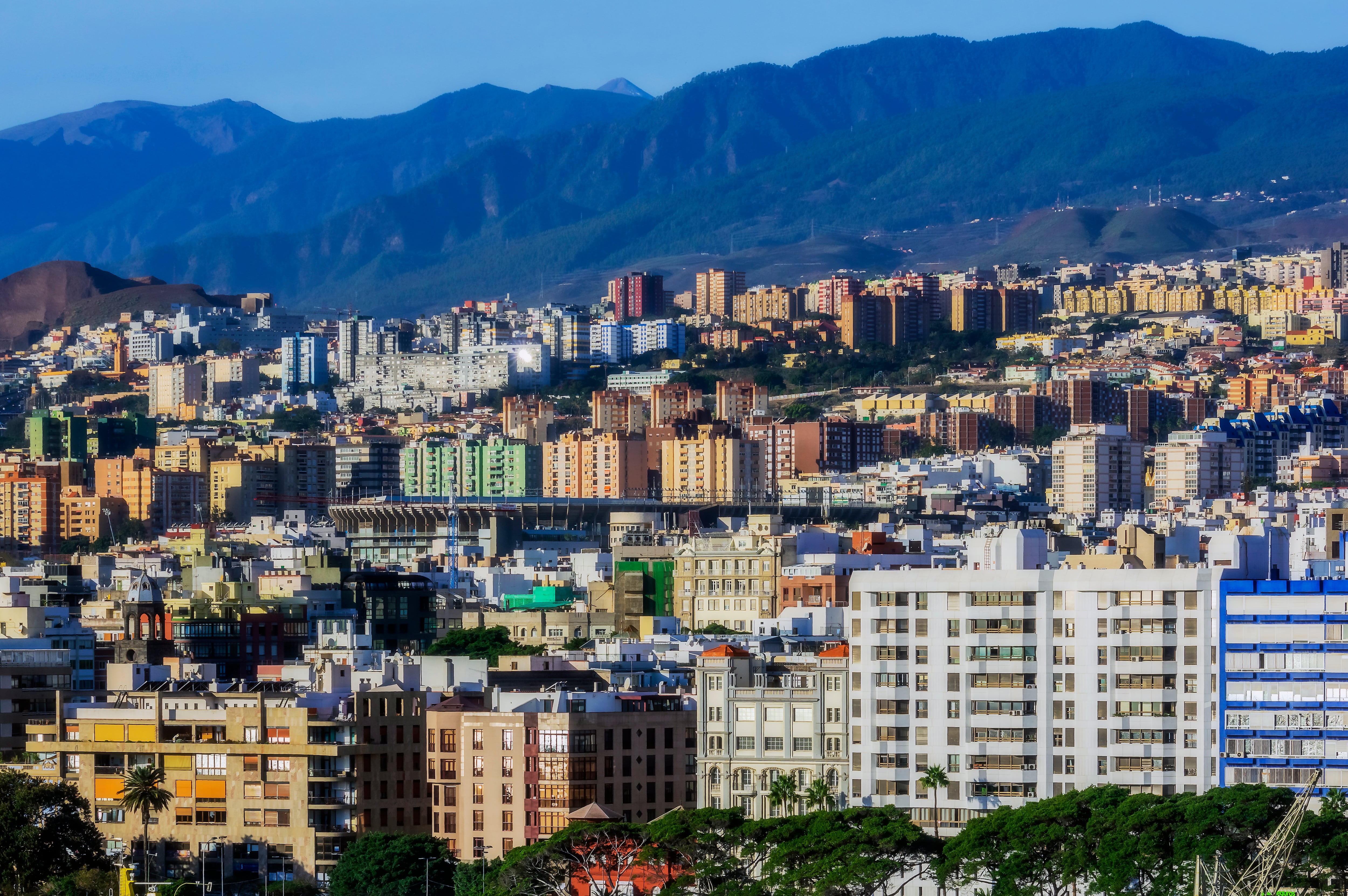 Cityscape in front of mountain range at Tenerife, Canary Islands, Spain