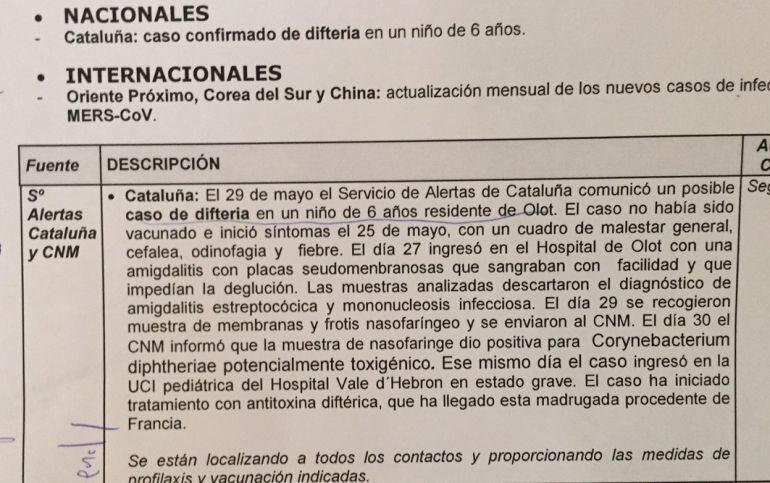 Comunicado del Ministerio de Sanidad donde se confirma el caso