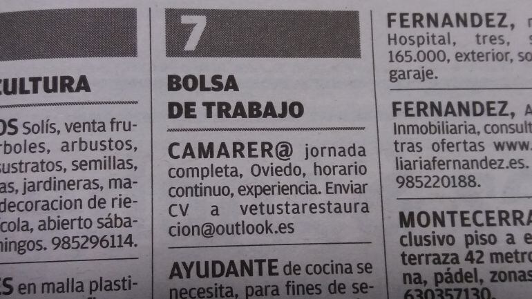 Ofertas de empleo en los anuncios por palabras de un periódico