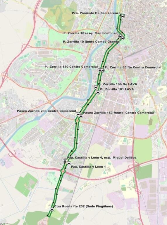 Mapa de paradas de la lanzadera de Auvasa para Pingüinos