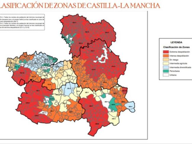 Zonificaión de la despoblación en Castilla-La Mancha: extrema despoblación en rojo, intensa en naranja.