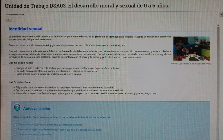 Imagen del epígrafe sobre &quot;Identidad sexual&quot; retirado por el Ministerio del manual de FP a distancia de Grado Superior de Técnico en Educación Infantil.