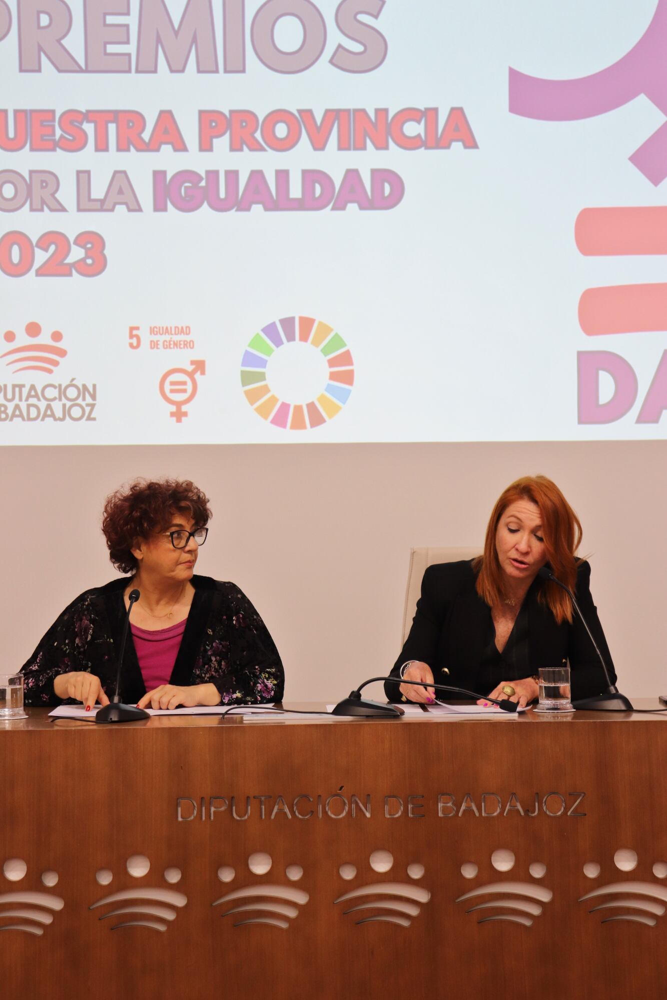 La diputada de Igualdad, Lourdes Linares, acompañada por la coordinadora del área, Emilia Parejo, durante la presentación de los premios.