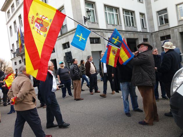 Un manifestante con una caña de pescar llena de banderas, durante el acto por la Unidad de España en Oviedo