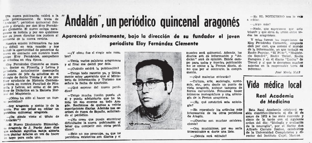 Entrevista a Eloy Fernández Clemente, fundador de &#039;Andalán&#039;, en &#039;El Noticiero&#039; (16 de mayo de 1972). Hemeroteca del Ayuntamiento de Zaragoza