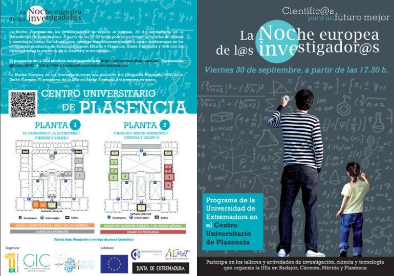 Cartel y distribución de los diferentes programas de la Noche de los Investigadores en Plasencia