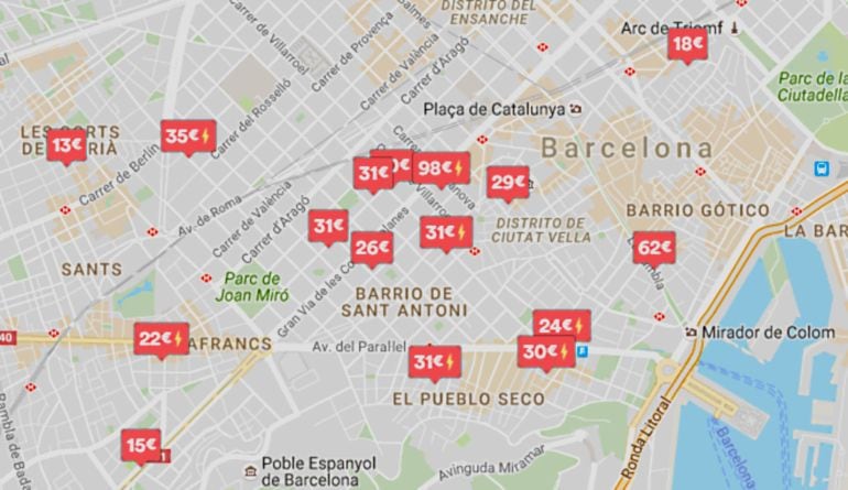 Mapa de alojamientos en Barcelona de Airbnb.