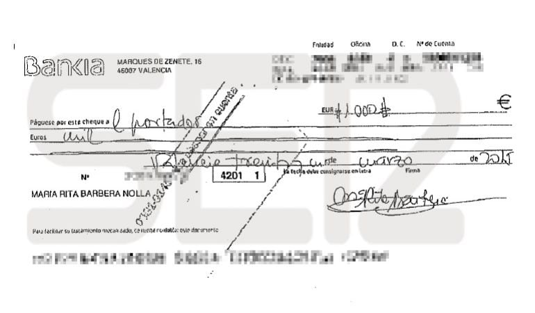 Cheque al portador por valor de 1.000 euros firmado por Rita Barberá en marzo de 2015.