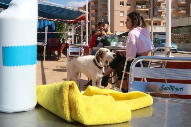 Terrassa d&#039;un bar amb productes de neteja.