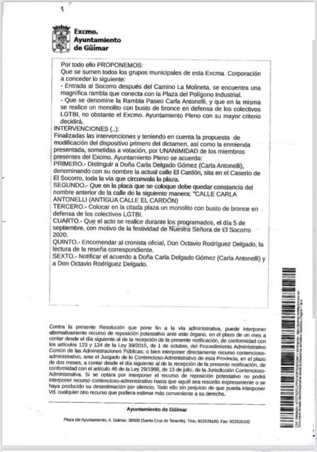 Acuerdo plenario del Ayuntamiento de Güímar por el que todos los partidos, incluidos el Partido Popular y Ciudadanos, votaron a favor de la inauguración de la calle Carla Antonelli en la antigua calle El Cardón el 30 de enero de 2020