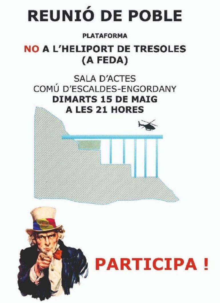 Cartell de la reunió de poble sobre l'heliport de les Tresoles de dimarts vinent