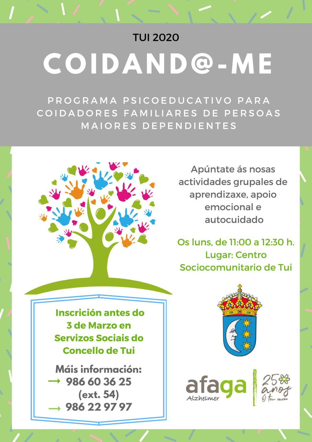 Cartel del programa &quot;Coidand@-me&quot; que impartirá Afaga en Tui.