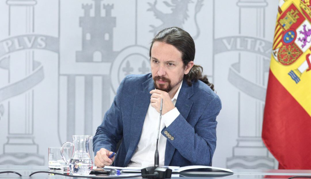 El vicepresidente y ministro de Derechos Sociales y Agenda 2030, Pablo Iglesias, durante su intervención en la rueda de prensa posterior al Consejo de Ministros en la Moncloa.