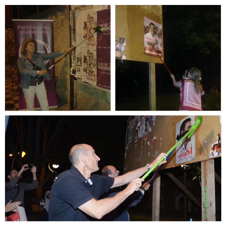 Los candidatos de Unidos Podemos (i), Ciudadanos (d) y PSOE (abajo) durante la pegada de carteles