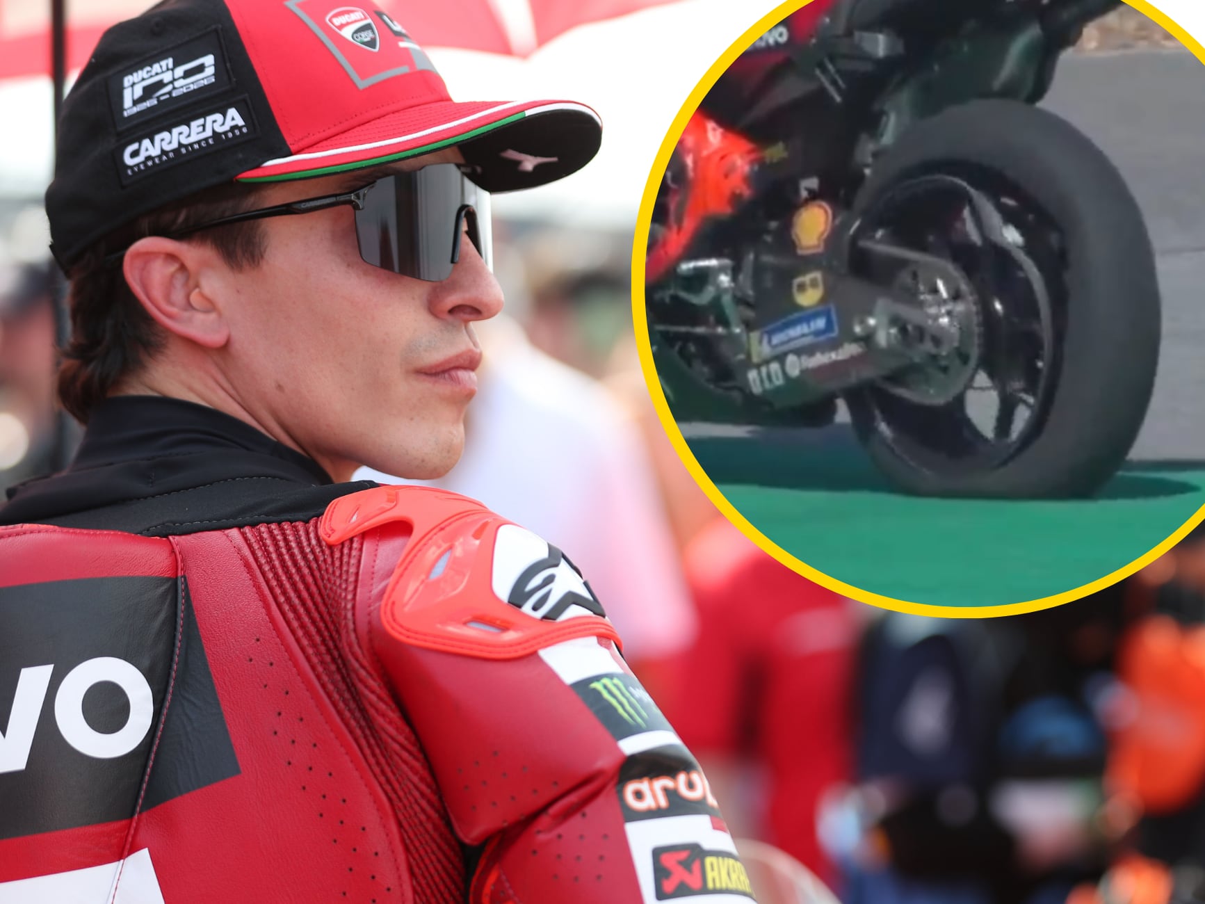 En un montaje, Marc Márquez junto a la imagen de su llanta abollada