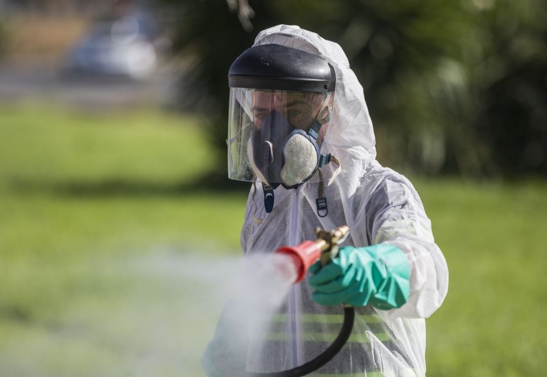 Un trabajador durante las labores de fumigación contra los mosquitos.