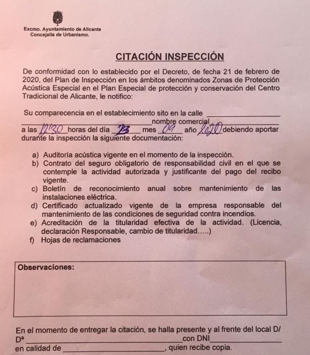 Citación de Inspección a locales de ocio y restauración de Alicante para que presenten la documentación relativa al cumplimiento de la ZAS