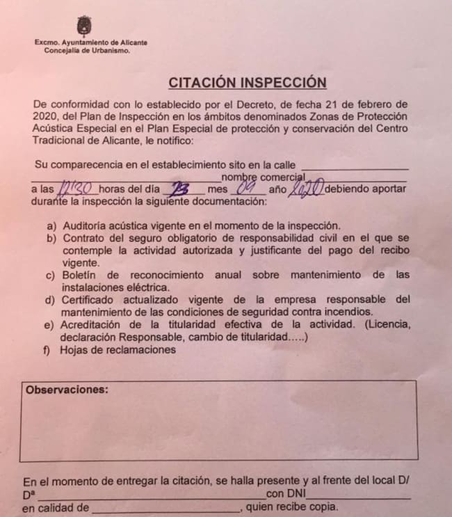 Citación de Inspección a locales de ocio y restauración de Alicante para que presenten la documentación relativa al cumplimiento de la ZAS