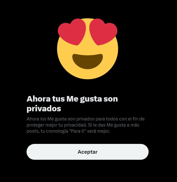 Mensaje que anuncia que ahora los &#039;me gustas&#039; de X (Twitter) son privados.