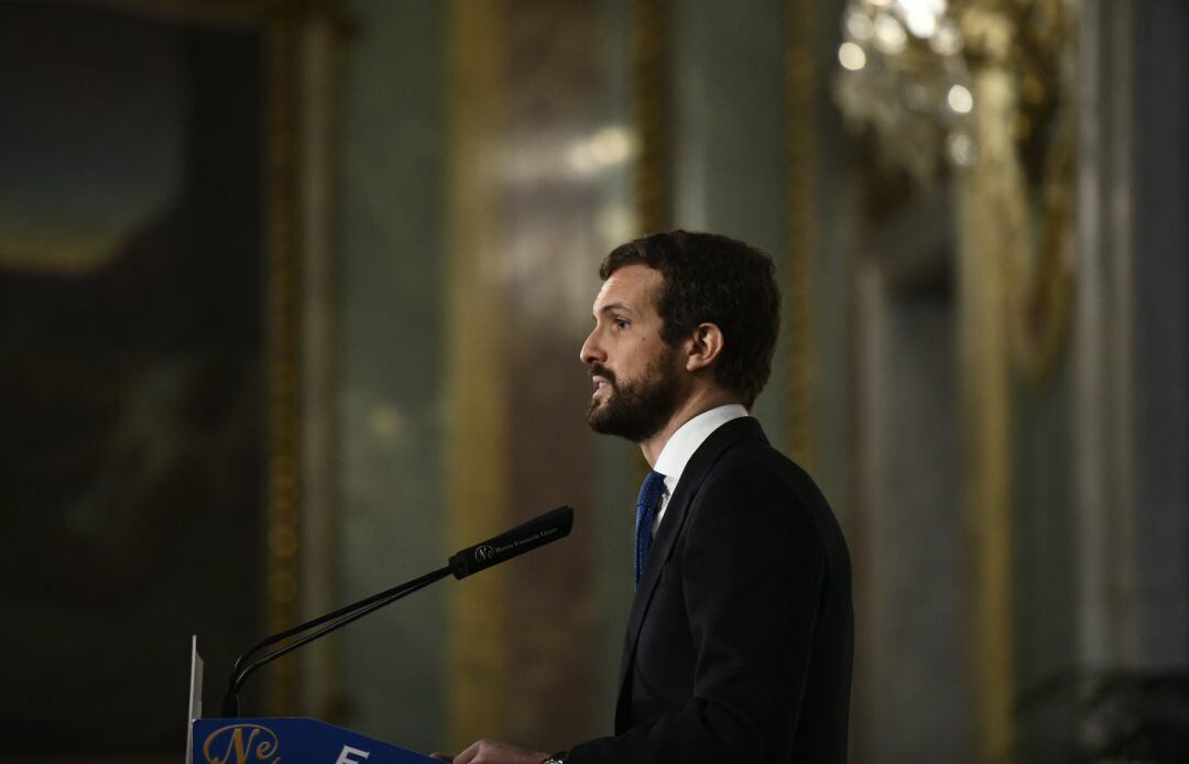 El presidente del Partido Popular, Pablo Casado, durante su intervención en un desayuno de Nueva Economía Fórum, en Madrid (España), a 18 de diciembre de 2019.