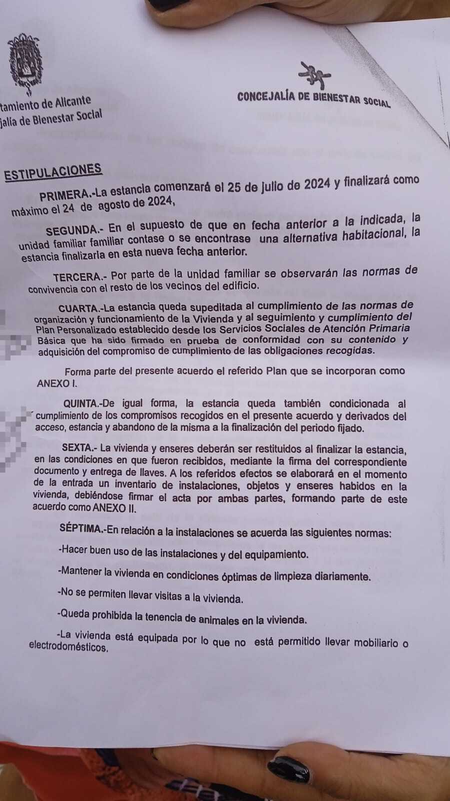 El contrato firmado e incumplido por la Concejalía de Bienestar Social de Alicante