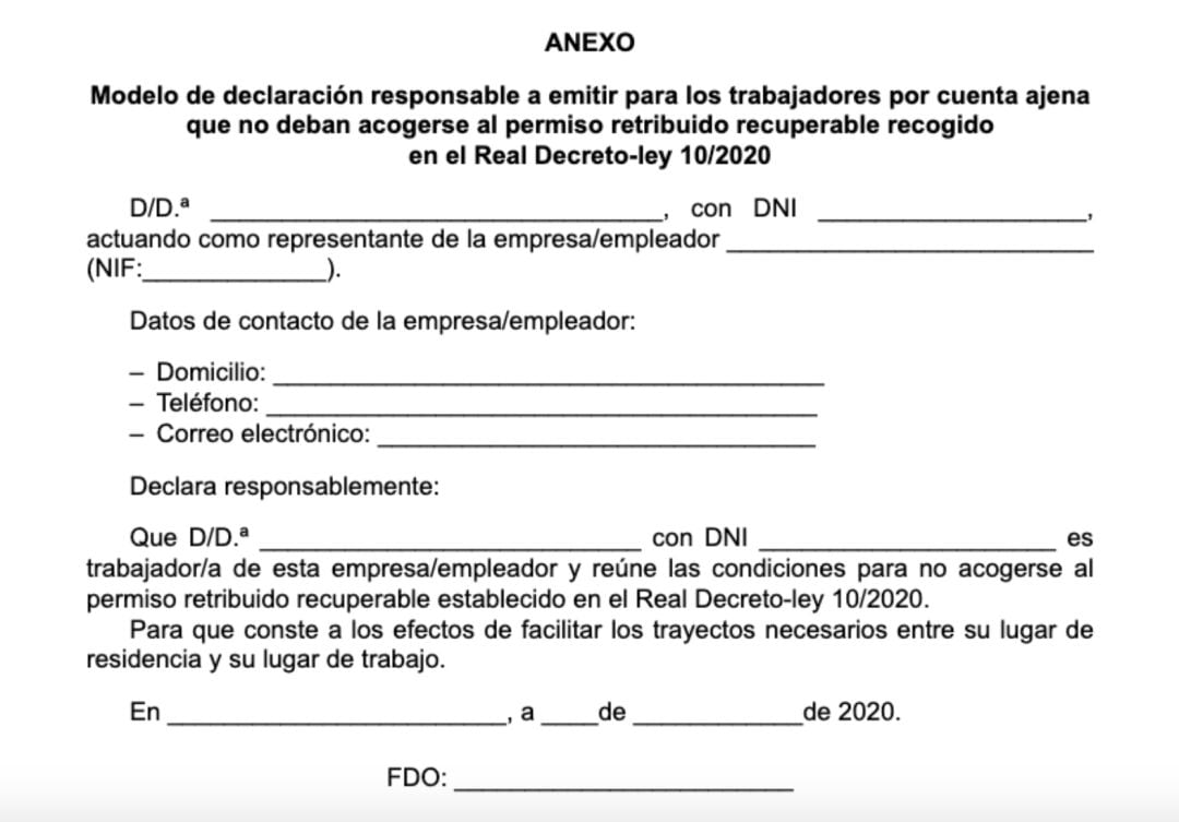 Modelo de declaración responsable que facilita el Gobierno