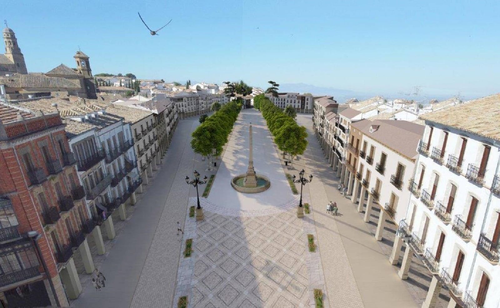 Imagen virtual de cómo quedará el Paseo de la Constitución de Baeza cuando se realicen las obras previstas de peatonalización.