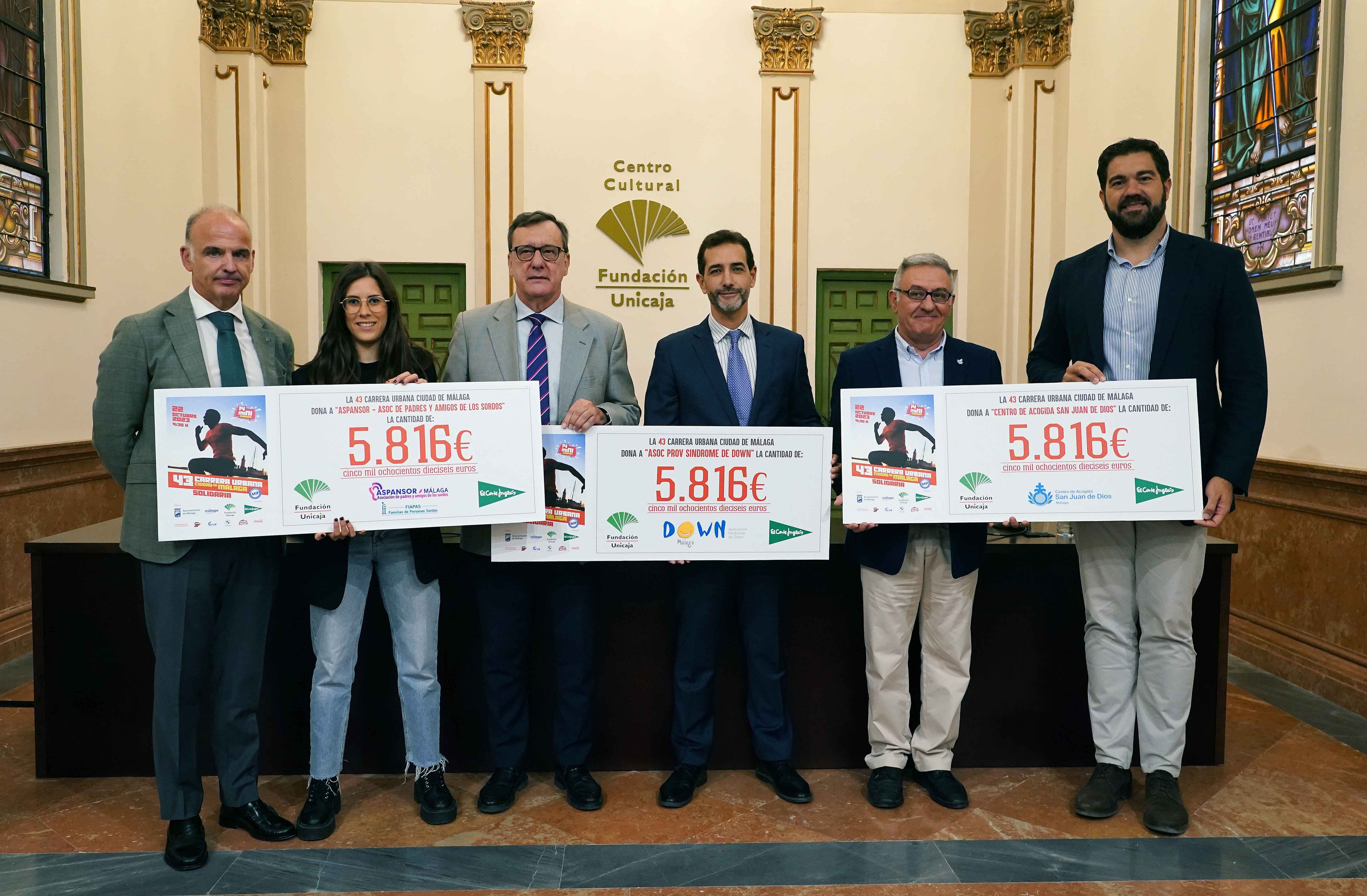 La recaudación de la Carrera Urbana Ciudad de Málaga entregada a las Asociaciones El Centro de Acogida San Juan de Dios, Down Málaga y Aspansor
