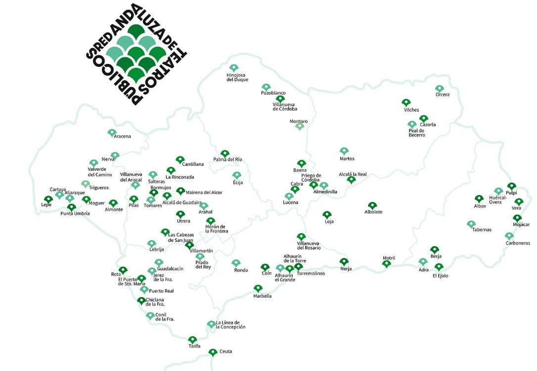 Mapa con los municipios en los que habrá representaciones dentro del programa de la Red Andaluza de Espacios Escénicos 2024