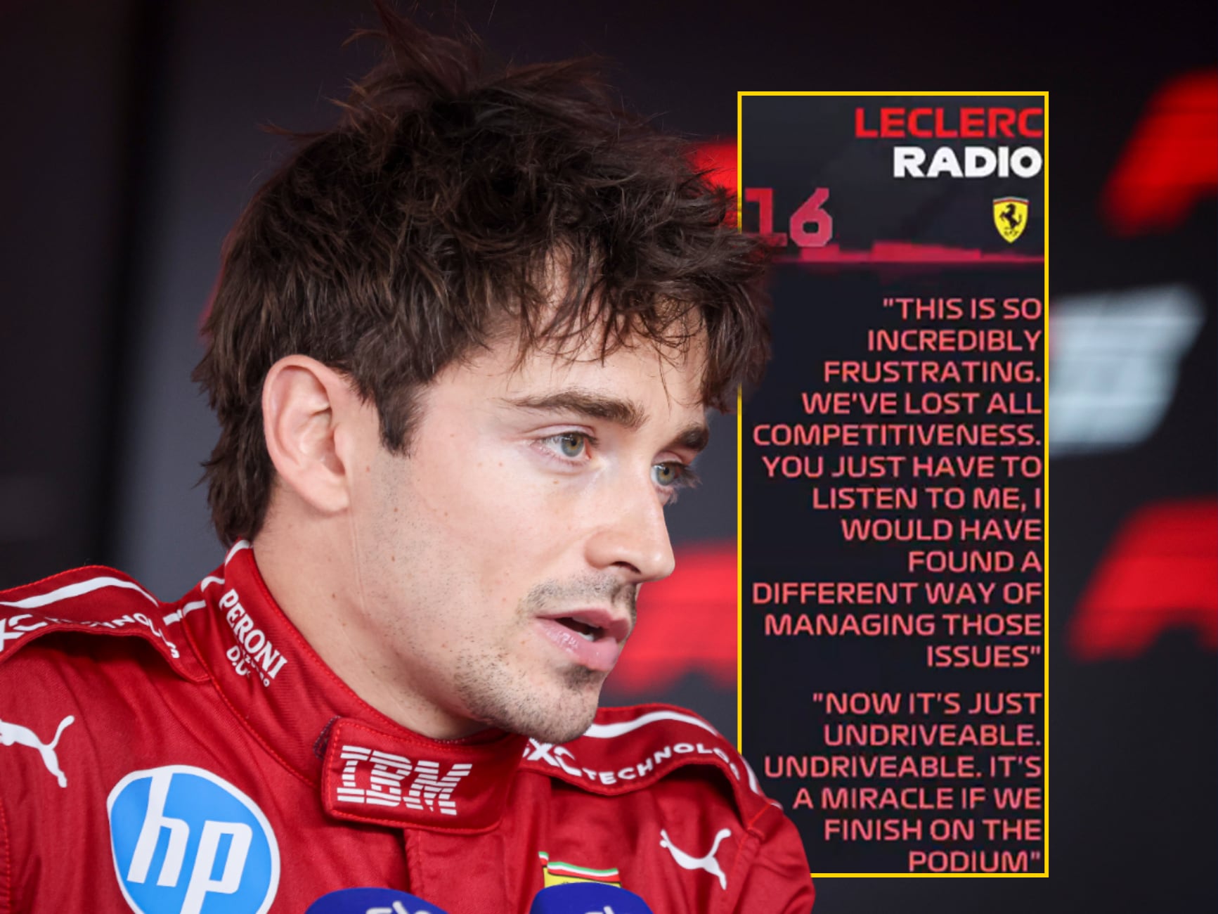 En un montaje, Leclerc junto a su radio en el GP de Hungría