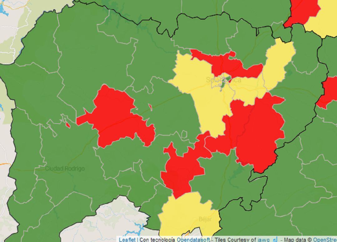 Mapa de la incidencia del coronavirus en Salamanca.